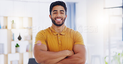 Portrait of laughing business manager standing with his arms crossed in an assertive power stance. Proud, smiling and confident executive businessman, ceo or leader with his arms folded in the office