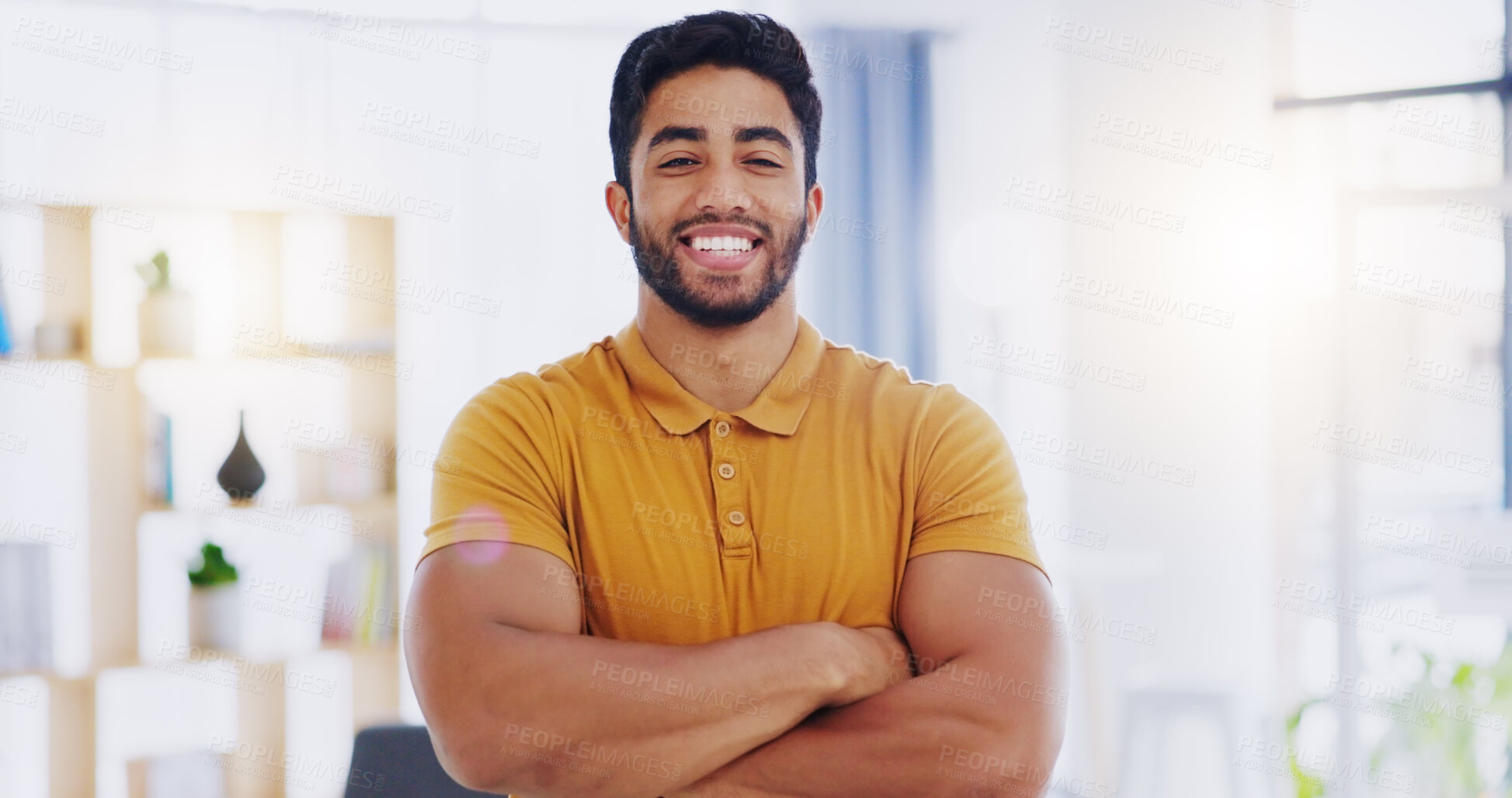 Buy stock photo Portrait of laughing business manager standing with his arms crossed in an assertive power stance. Proud, smiling and confident executive businessman, ceo or leader with his arms folded in the office