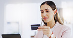 Credit card, smile and business woman with laptop in office for online shopping, digital banking or payment. Computer, ecommerce and female professional on internet for sales, finance and fintech.