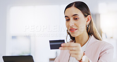 Buy stock photo Credit card, smile and business woman with laptop in office for online shopping, digital banking or payment. Computer, ecommerce and female professional on internet for sales, finance and fintech.