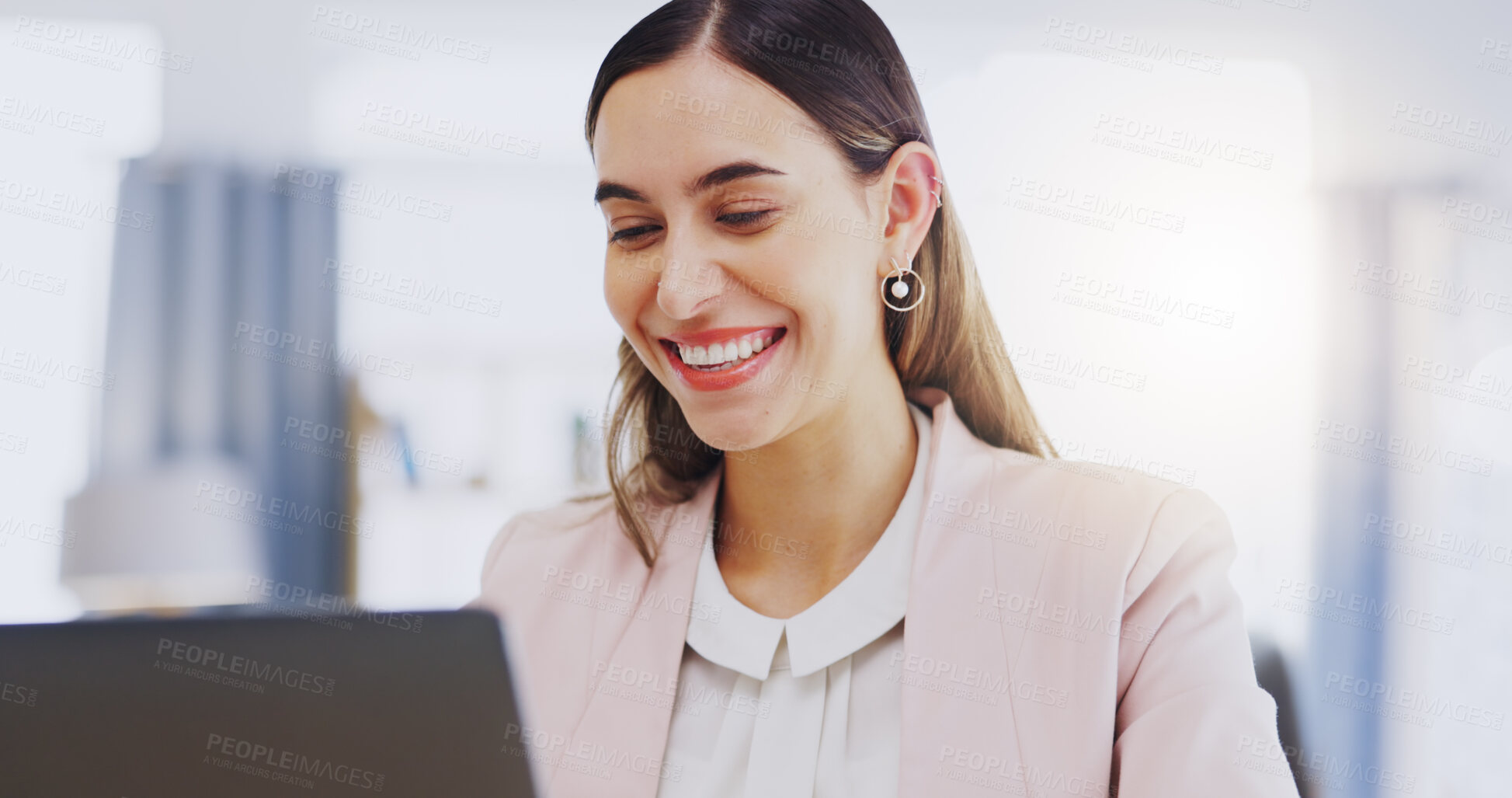 Buy stock photo Laptop, smile and business woman in office, working on email or planning project. Computer, happiness and female professional typing, online browsing and reading research info in company workplace.