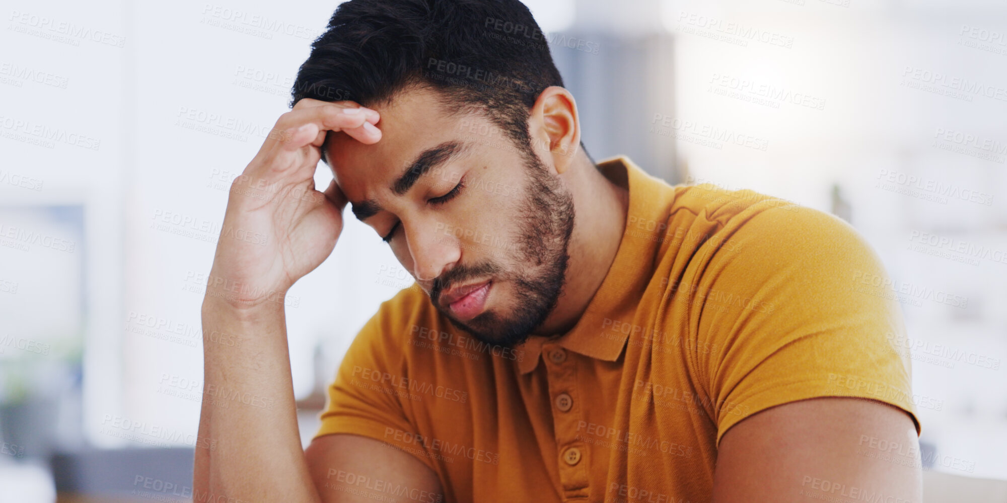 Buy stock photo Laptop, typing and business man with headache, tired or exhausted with fatigue in workplace. Computer, migraine and depressed male professional with anxiety, burnout or sick, brain fog or stress.