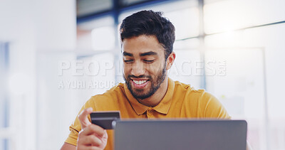 Buy stock photo Credit card, happy and business man with laptop in office for online shopping, digital banking or payment. Computer, ecommerce and smile of male professional on internet for sales, finance or fintech