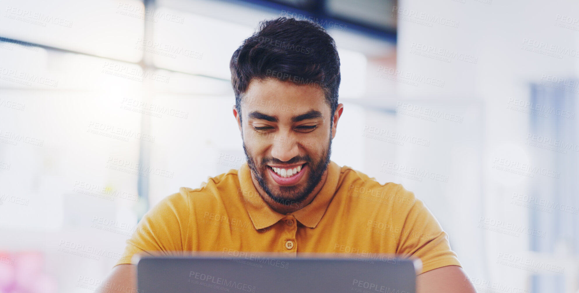 Buy stock photo Business man, computer and thinking of idea in office or reading email, internet or notification. Face of happy indian entrepreneur person with technology for communication, good feedback or website