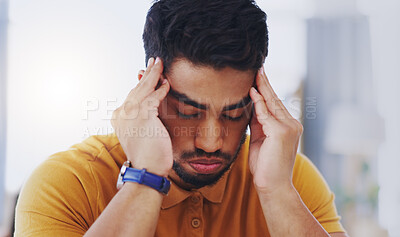 Buy stock photo Stress, sick and business man with headache, tired or exhausted with fatigue in workplace. Mental health, migraine and depressed male professional with anxiety, burnout or pain, brain fog or problem.