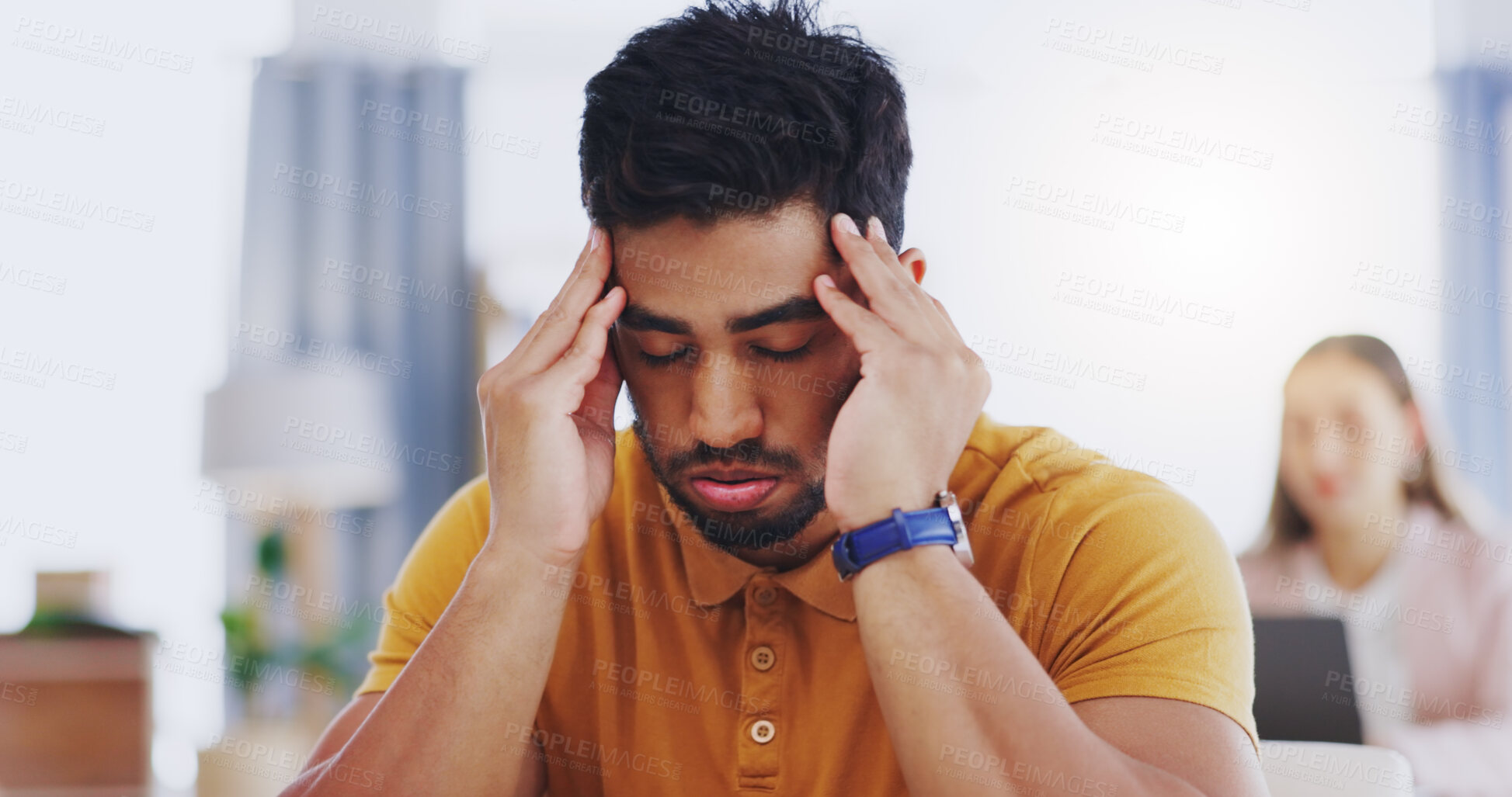 Buy stock photo Stress, sick and business man with headache, tired or exhausted with fatigue in workplace. Mental health, migraine and depressed male professional with anxiety, burnout or pain, brain fog or problem.