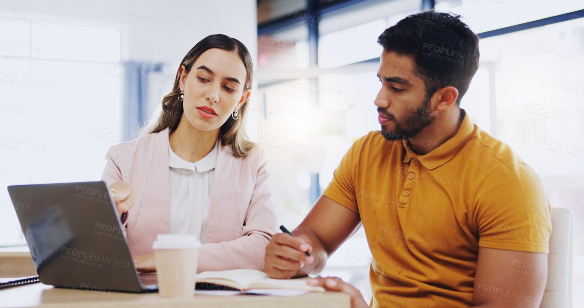 Buy stock photo Business, collaboration and employees planning, meeting and explain process, system and share ideas in office. Staff, man and woman brainstorming, conversation and discussion with report and feedback