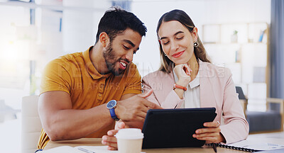 Buy stock photo Business, staff and employees with a tablet, planning and conversation in workplace. Partnership, man and woman with technology, research and discussion with collaboration, share ideas and talking