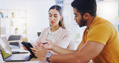 Buy stock photo Business people, teamwork and tablet with online management team talking about web strategy. Digital analysis and woman with tech communication and cooperation planning research with a application