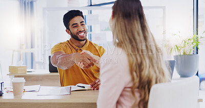 Buy stock photo Smile, business people and handshake for partnership, deal or introduction in workplace. Happy, man and woman shaking hands for agreement, b2b or onboarding, congratulations or welcome to company.