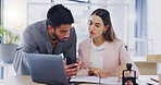 Laptop, phone and review with business people in the office, working together in discussion of a text message. Collaboration, communication or feedback with a man and woman employee talking at work