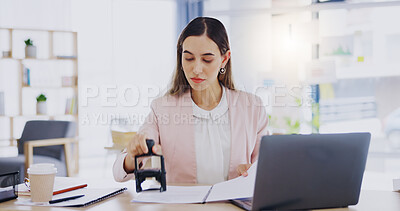 Buy stock photo Business hands, stamping and certifying documents in office, copywriting and project goals at desk. Professional worker, writer or editor with notes, brainstorming or job reminder in journal