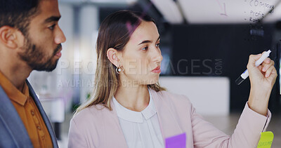 Business woman, man and glass for writing, sticky note and notes with talking, teamwork or planning strategy. Businessman, female partner and moodboard for goals, ideas and brainstorming at startup