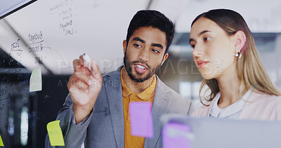 Buy stock photo Planning, talking strategy and business people with notes, brainstorming and work agenda. Conversation, teamwork and a businessman and woman speaking about company innovation, moodboard and ideas