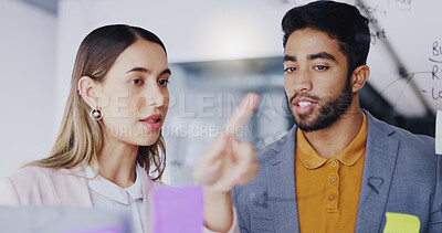 Buy stock photo Planning, talking schedule and business people with notes, brainstorming and work agenda. Conversation, teamwork and a businessman and woman speaking about company innovation, moodboard and ideas