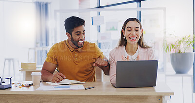 Buy stock photo Creative business people, laptop and high five for winning, success or planning together in teamwork at office. Happy man and woman touching hands on touchscreen for team collaboration or achievement