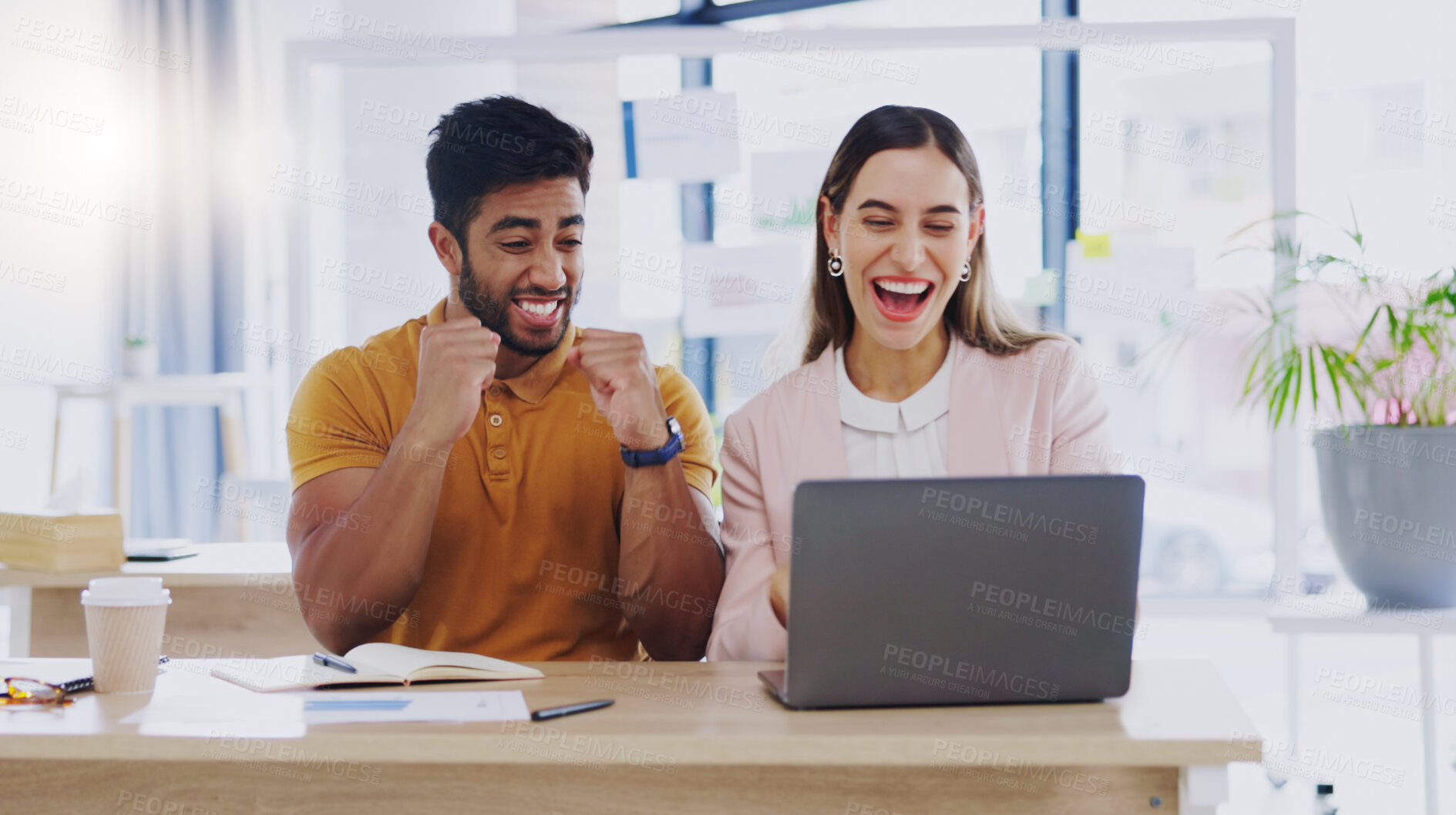 Buy stock photo Creative business people, laptop and high five for winning, success or planning together in teamwork at office. Happy man and woman touching hands on touchscreen for team collaboration or achievement