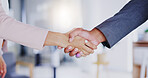 Partnership, collaboration and handshake in office for business deal, agreement or introduction. Man, woman and shaking hands for congratulations, opportunity or b2b, hiring and welcome to company.