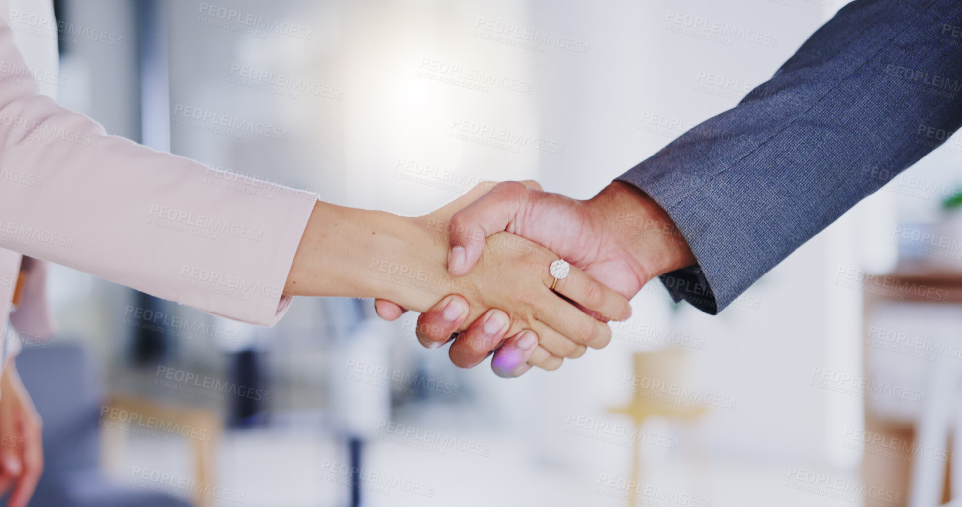 Buy stock photo Partnership, collaboration and handshake in office for business deal, agreement or introduction. Man, woman and shaking hands for congratulations, opportunity or b2b, hiring and welcome to company.