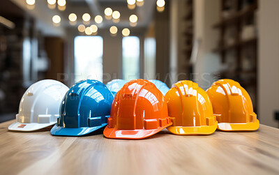 Multicolour construction hard hats stacked on table. Safety at work concept