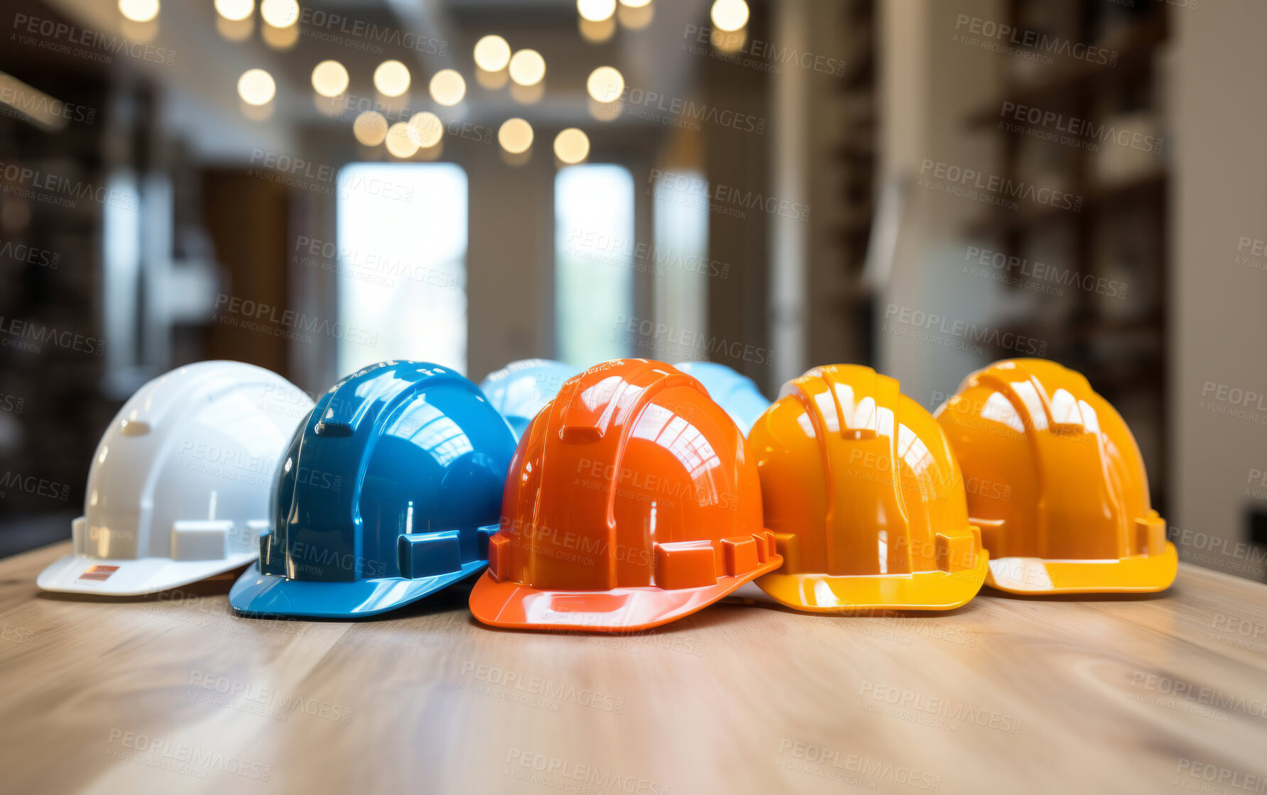 Buy stock photo Multicolour construction hard hats stacked on table. Safety at work concept