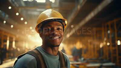 Buy stock photo Happy, smiling construction industry professional wearing uniform in factory.