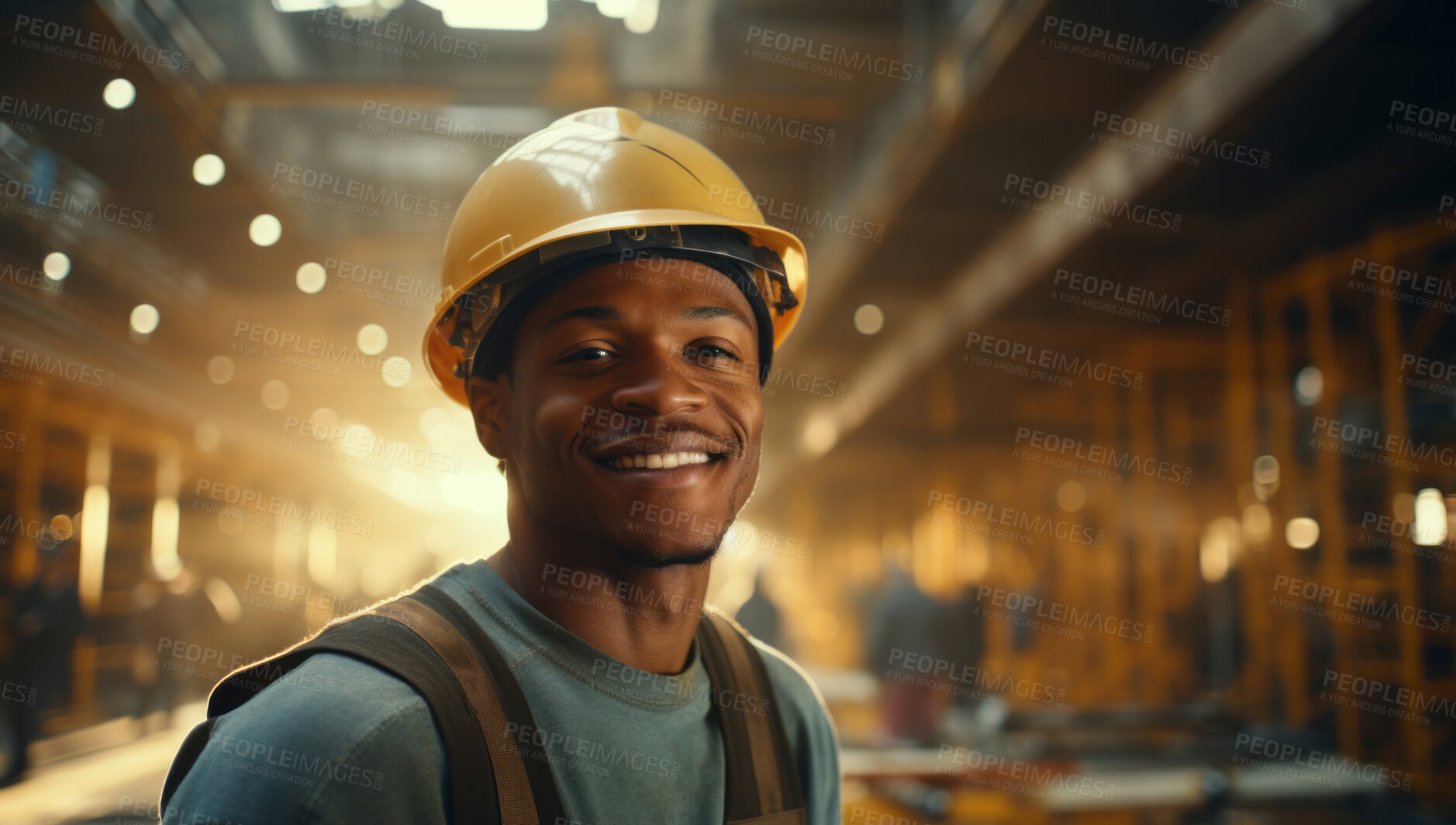 Buy stock photo Happy, smiling construction industry professional wearing uniform in factory.