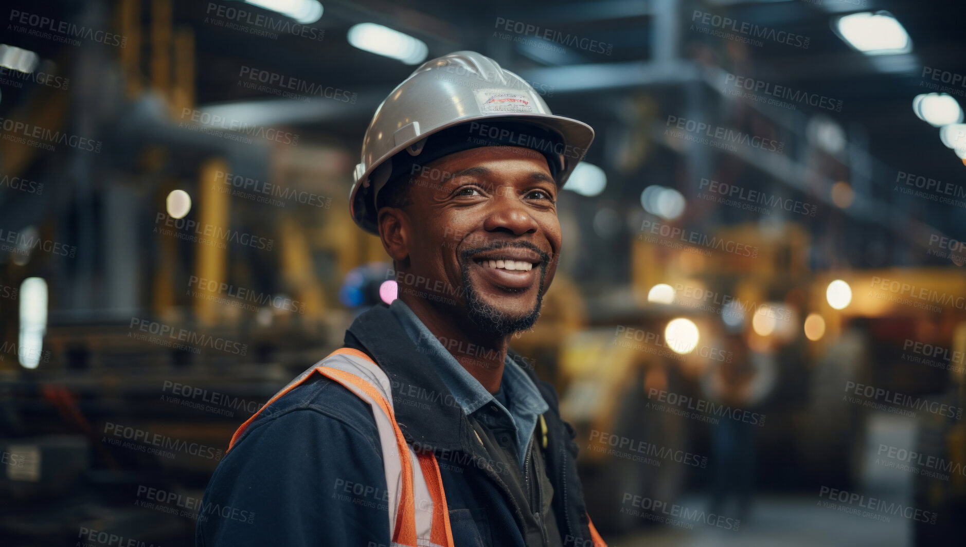 Buy stock photo Happy, smiling construction industry professional wearing uniform in factory.