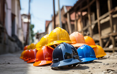 Buy stock photo Multicolour construction hard hats stacked on site floor. Safety at work concept.
