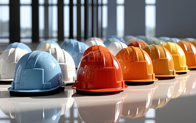 Multicolour construction hard hats stacked on floor in rows. Safety at work concept