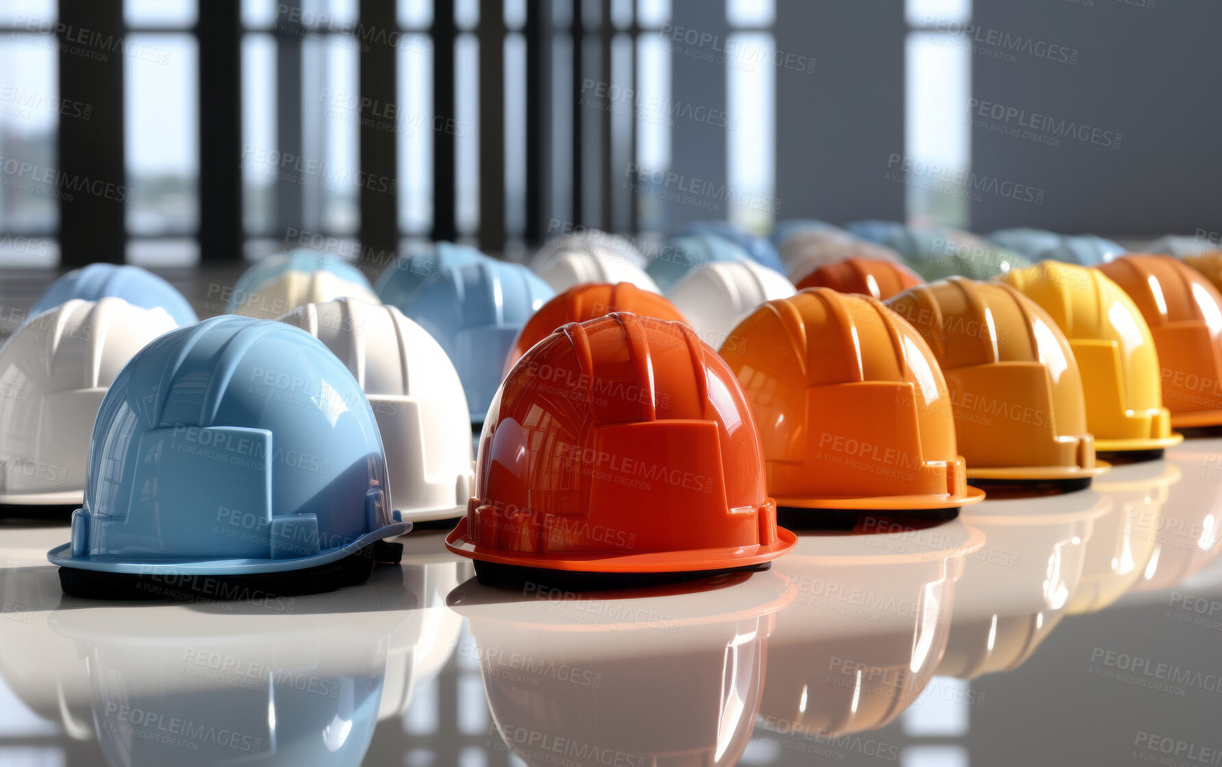 Buy stock photo Multicolour construction hard hats stacked on floor in rows. Safety at work concept