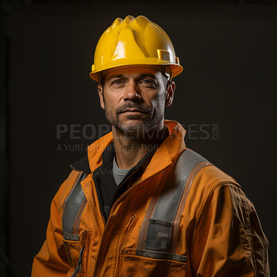 Studio portrait of construction worker against black backdrop. Construction concept.