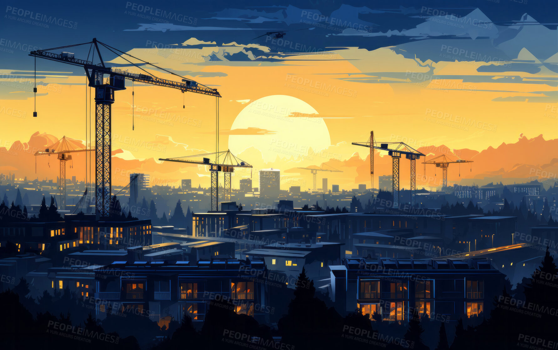 Buy stock photo Illustration of multiple construction cranes on city skyline. Construction concept.