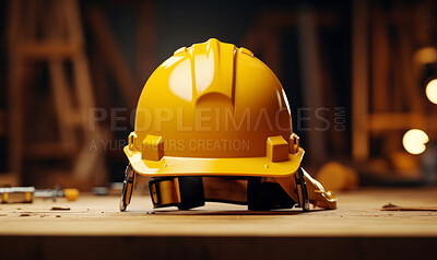 Construction hard hat on table. Wood workshop background. Safety at work concept.