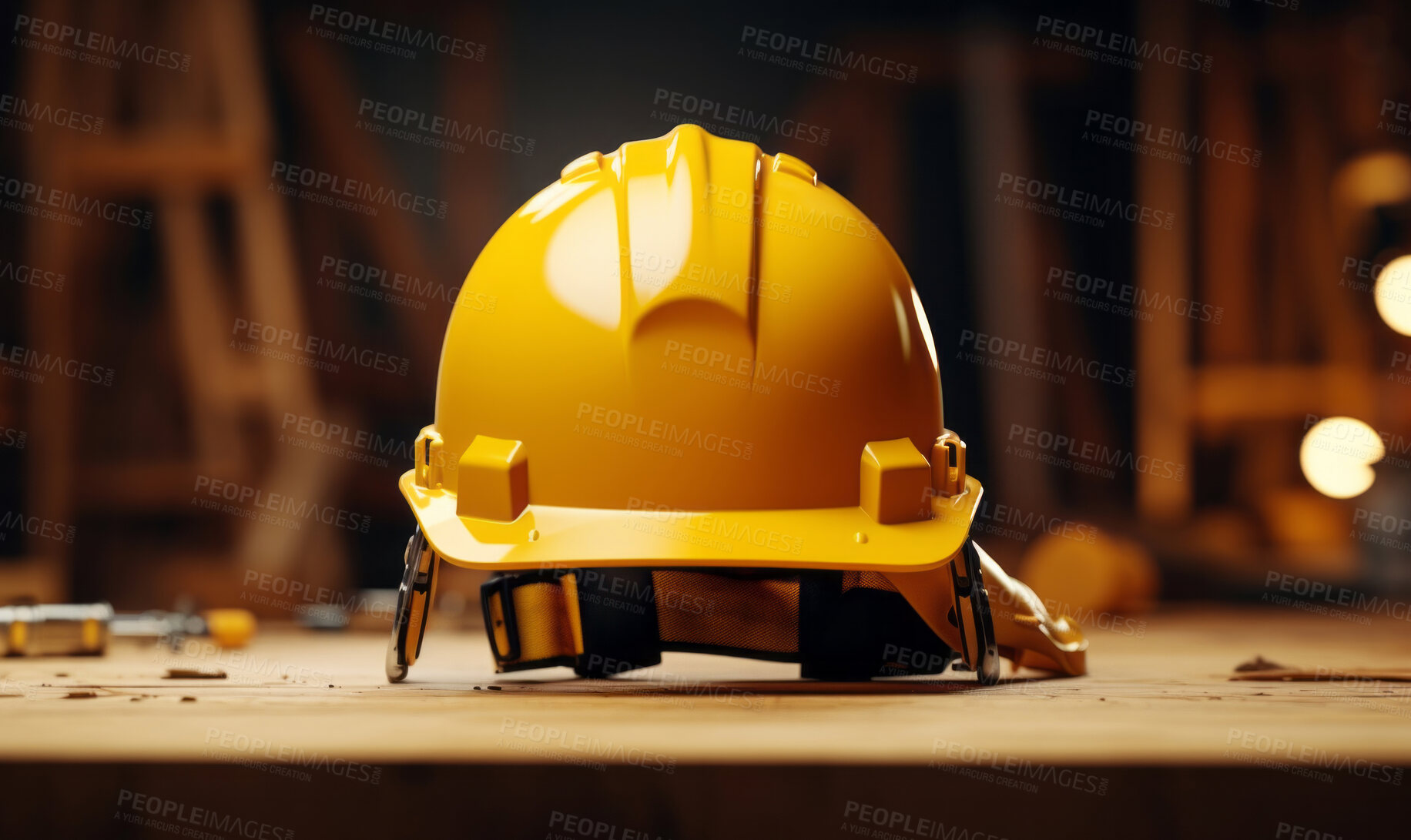 Buy stock photo Construction hard hat on table. Wood workshop background. Safety at work concept.