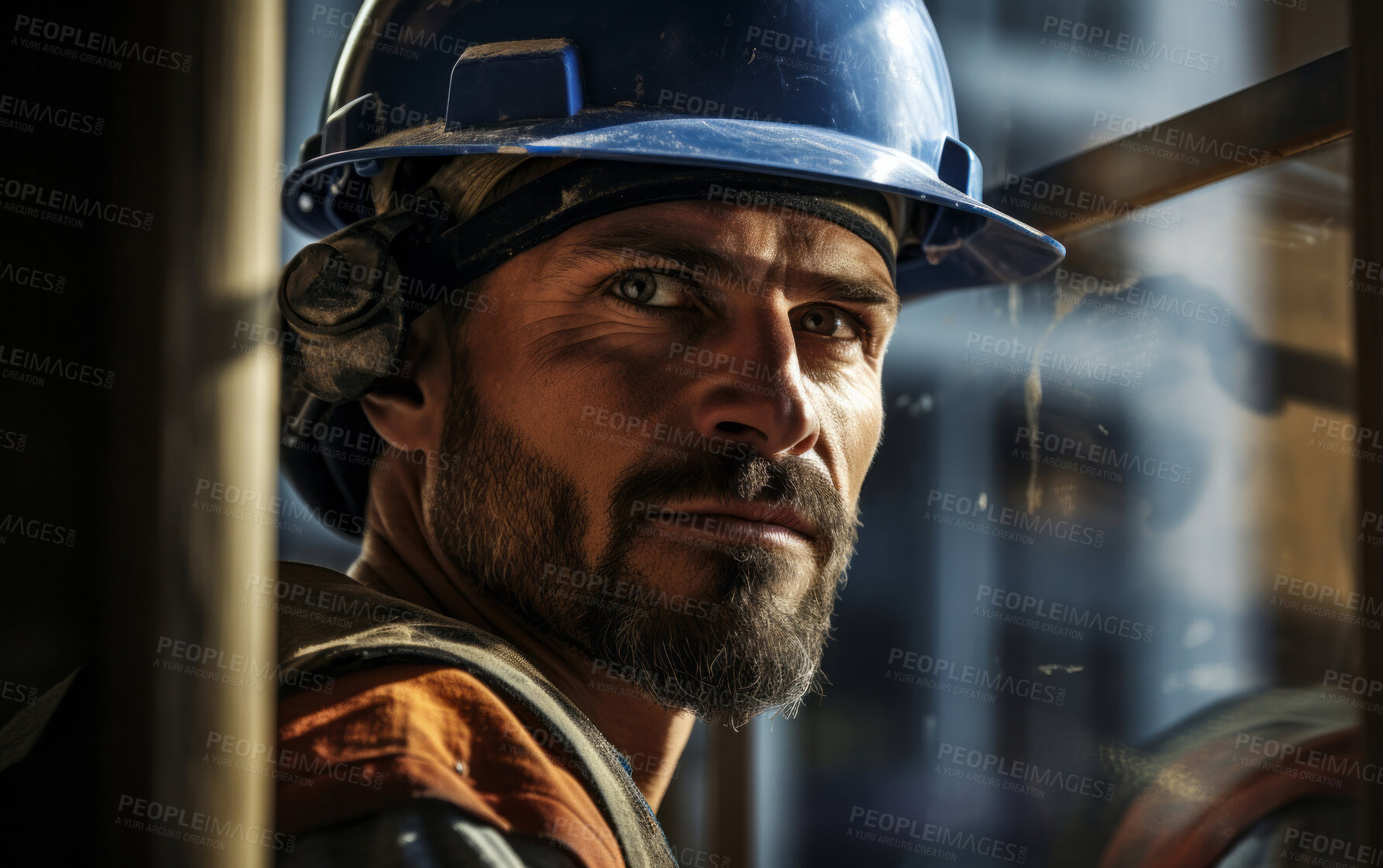 Buy stock photo Candid shot of worker on construction site. Natural, serious, expression.