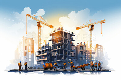 Buy stock photo Illustration of busy work on construction site. Construction concept.