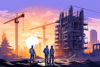 Buy stock photo Illustration silhouette of workers standing, looking at buildings under construction.