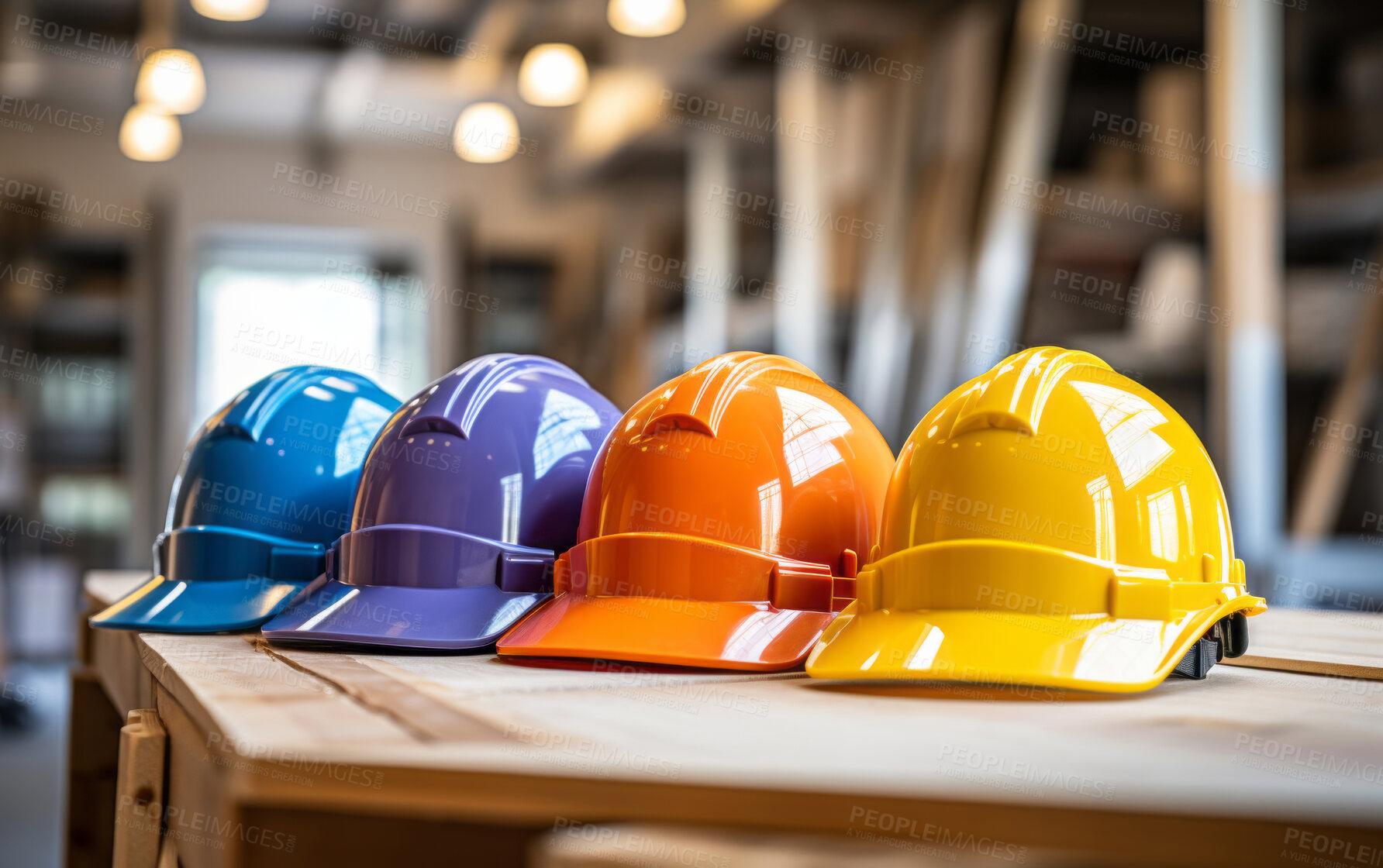 Buy stock photo Multicolour construction hard hats stacked on table. Safety at work concept.