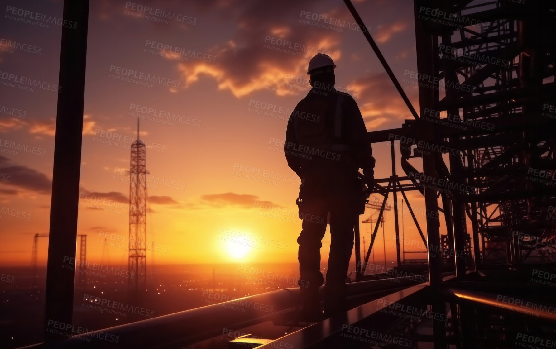 Buy stock photo Silhouette of engineer on a construction site at sunset. Golden hour concept.