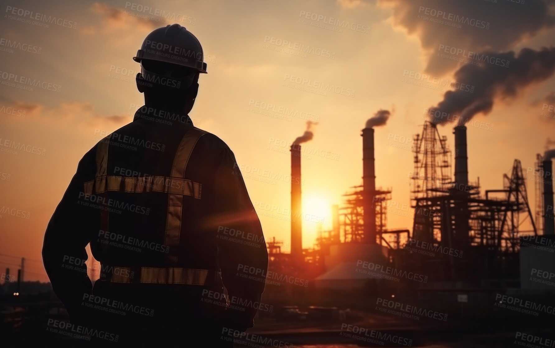 Buy stock photo Silhouette of engineer on a construction site at sunset. Golden hour concept.