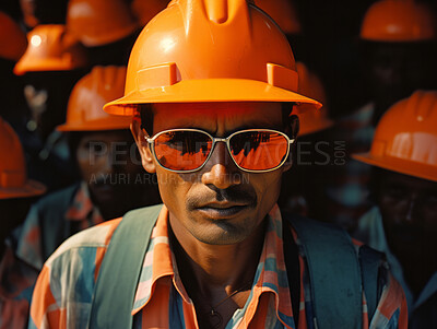 Buy stock photo Portrait of construction worker with group standing behind him. Mine workers, serious expressions.