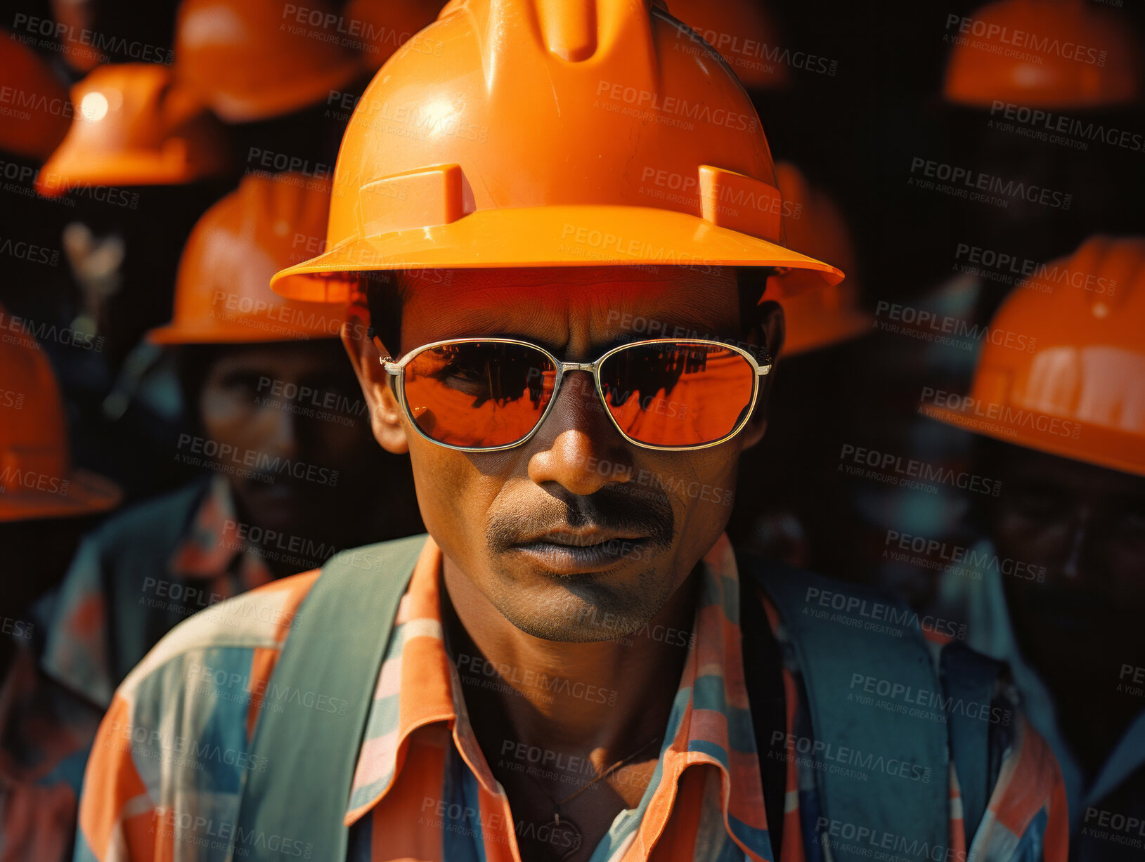 Buy stock photo Portrait of construction worker with group standing behind him. Mine workers, serious expressions.