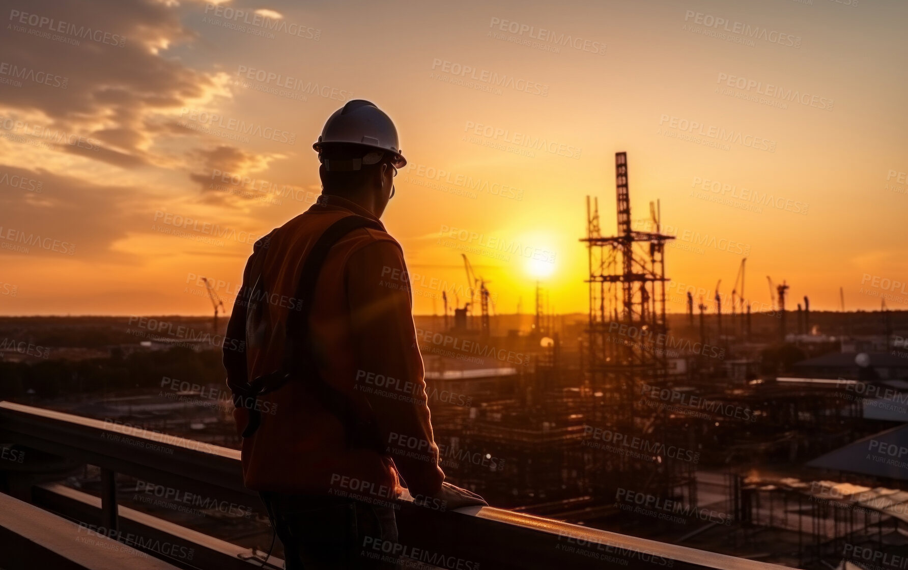 Buy stock photo Silhouette of engineer on roof at construction site at sunset. Golden hour concept.