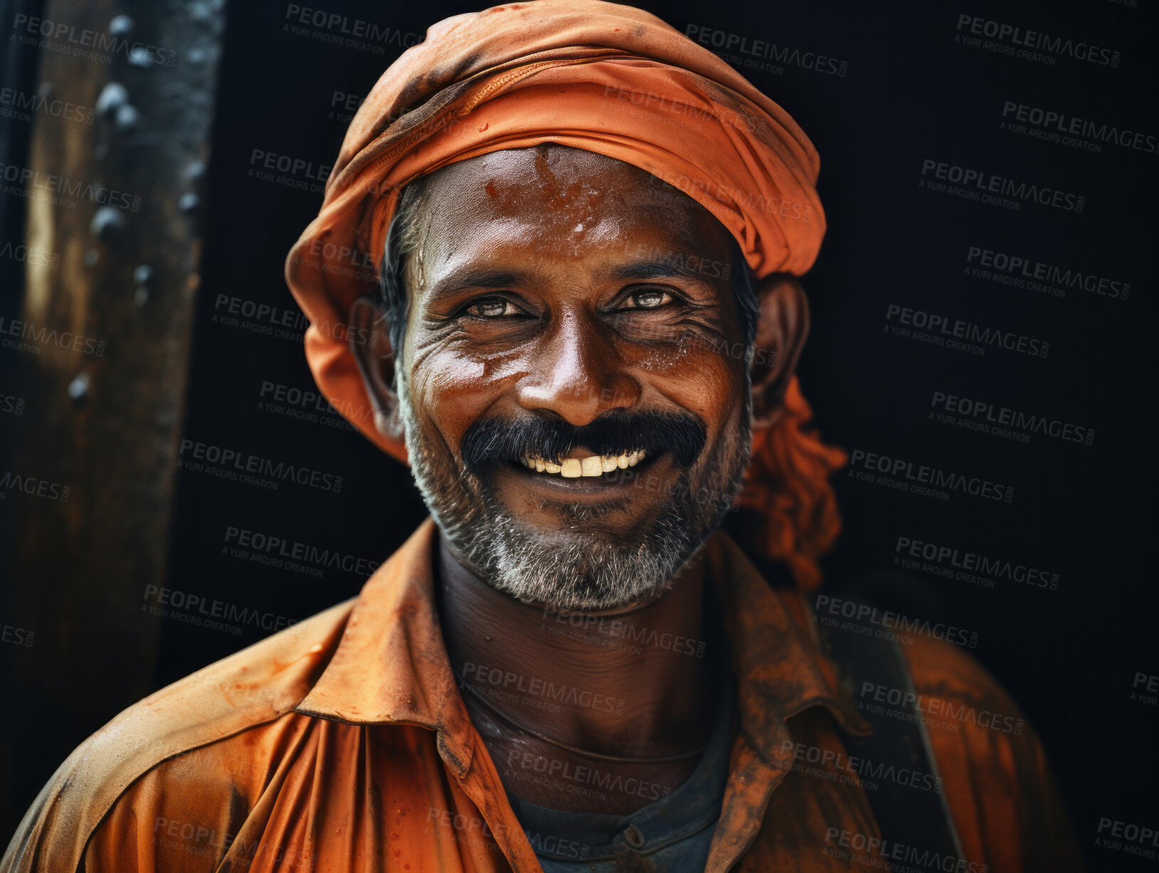 Buy stock photo Happy Indian construction site worker looking at camera smiling. Construction concept.