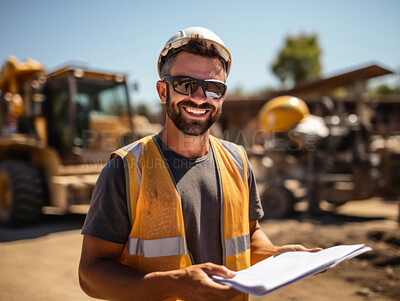 A happy construction industry worker standing at a building site. Smiling with plans in hand.