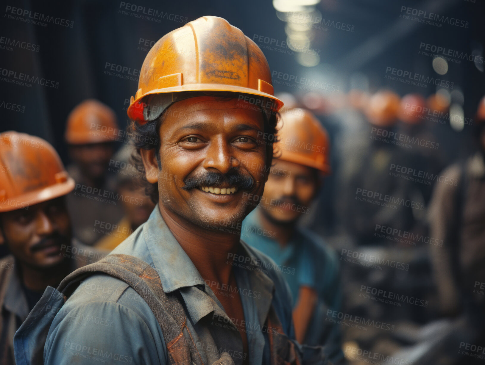 Buy stock photo Happy Indian construction site worker looking at camera smiling. Construction concept.