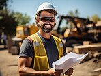 A happy construction industry worker standing at a building site. Smiling with plans in hand.