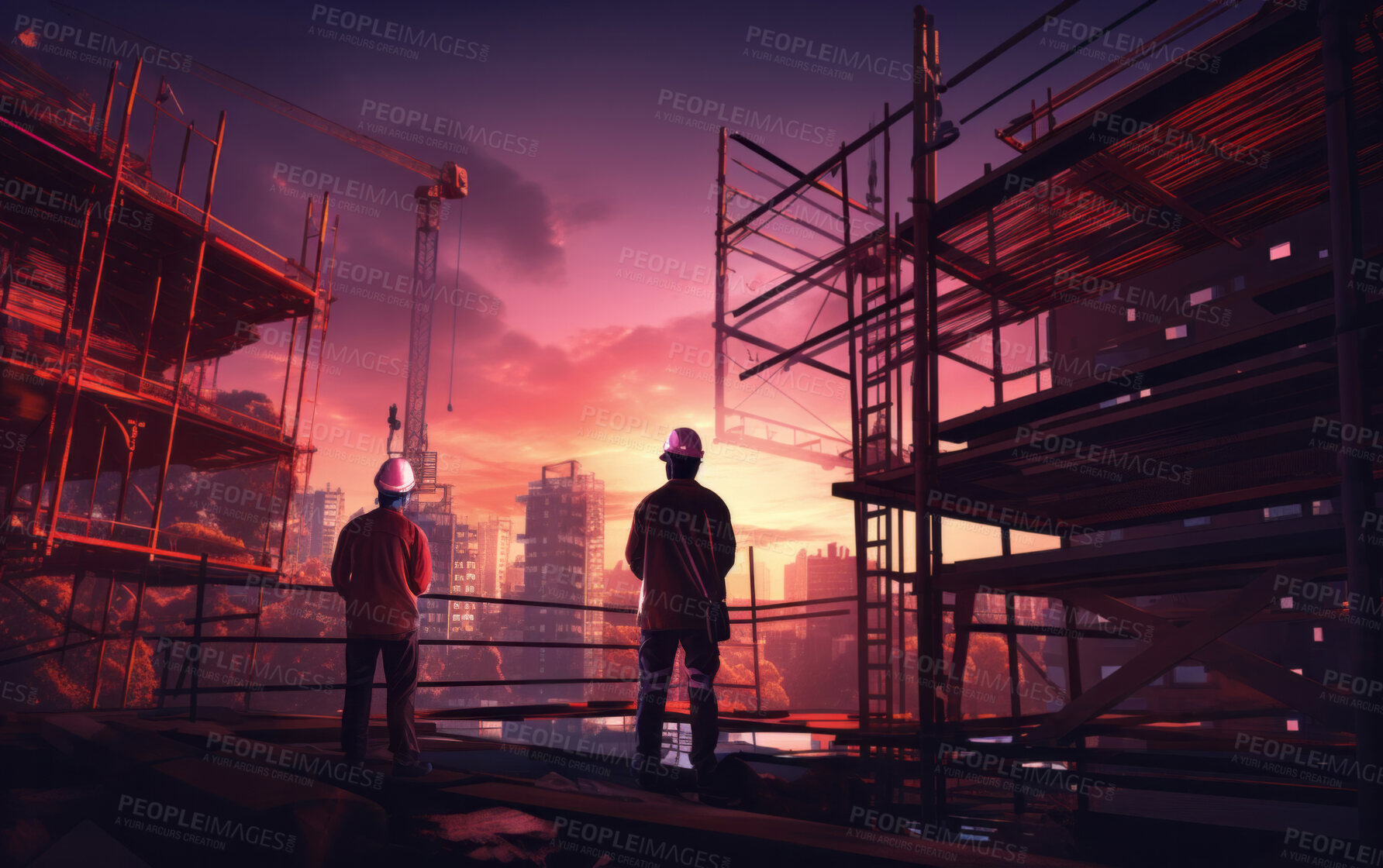 Buy stock photo Illustration silhouette of workers standing, looking at buildings under construction.