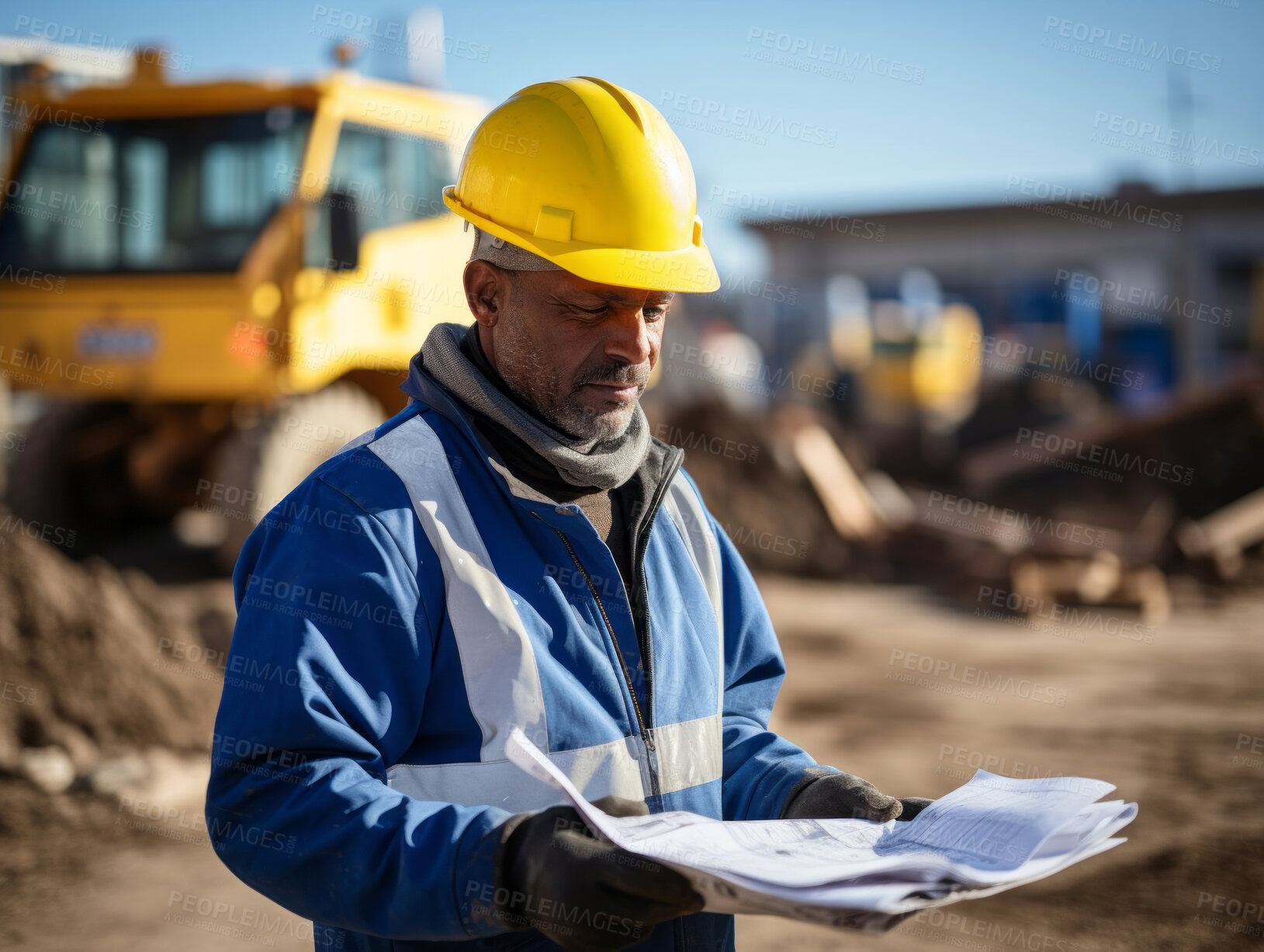 Buy stock photo Worker reading blueprints while standing at construction site.